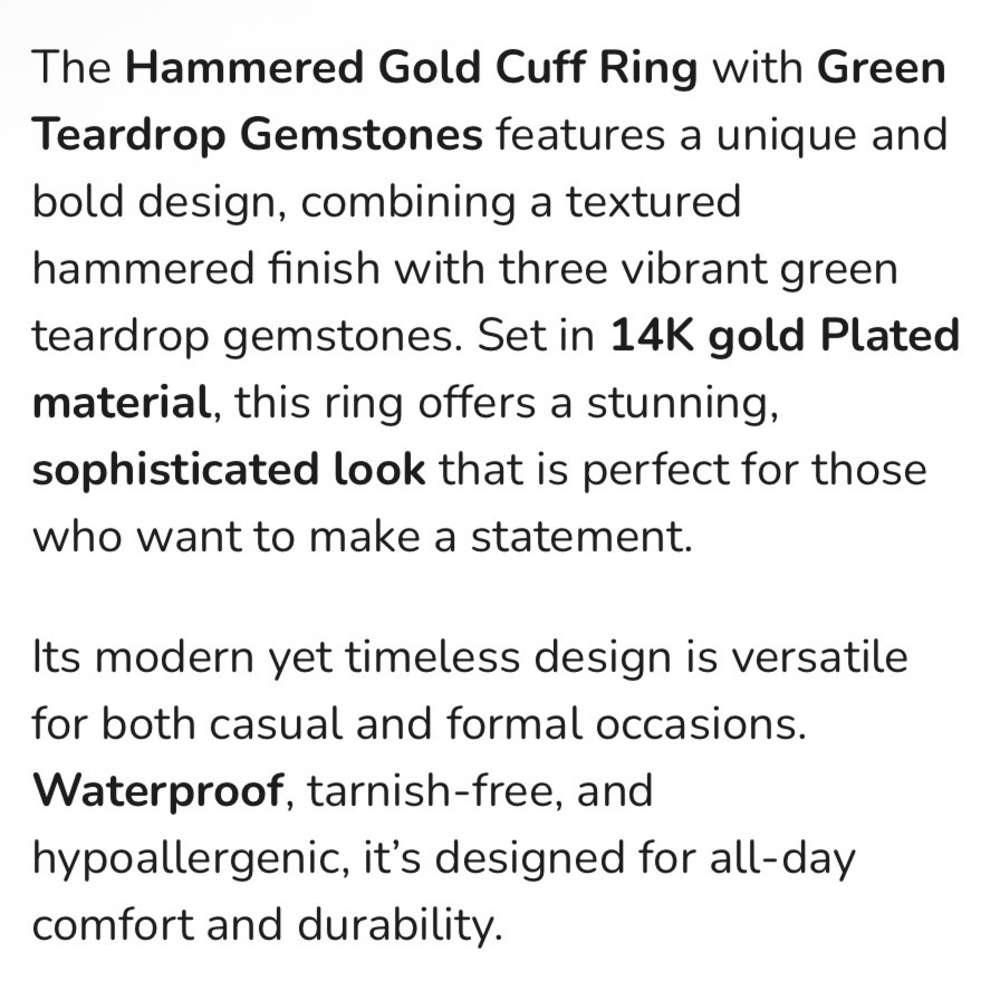 Anthropologie Gold Cuff Ring with Green Stone Accents - Picture 5 of 8